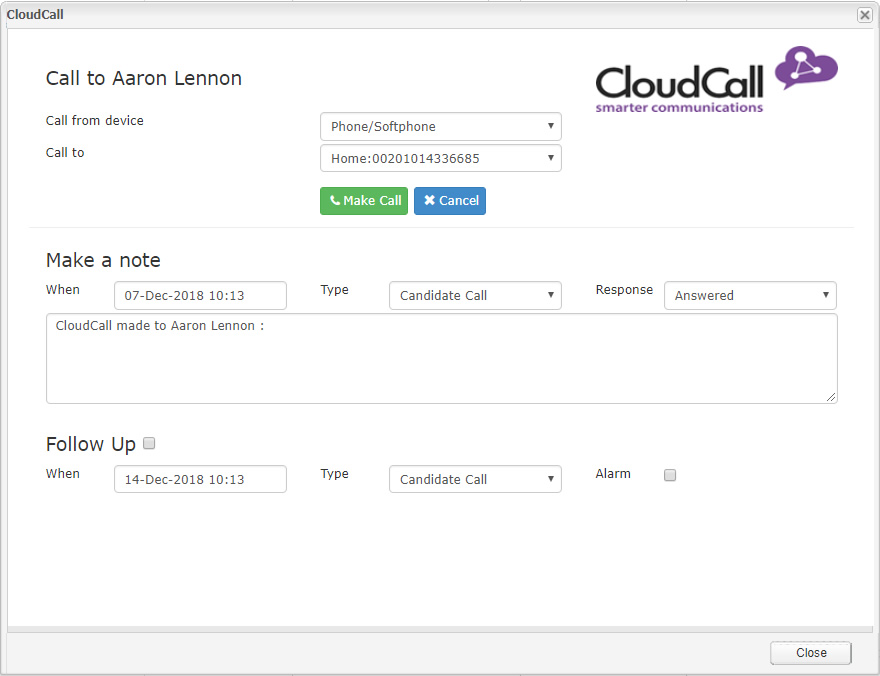 CloudCall Action Pop-Up