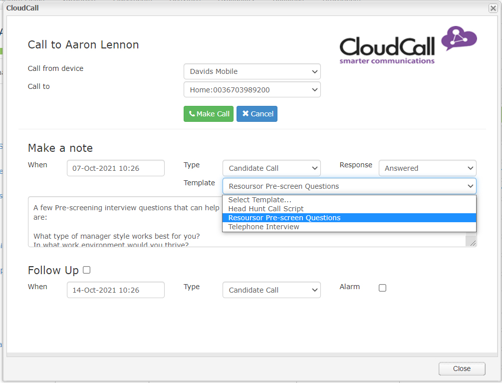 Cloudcall note template