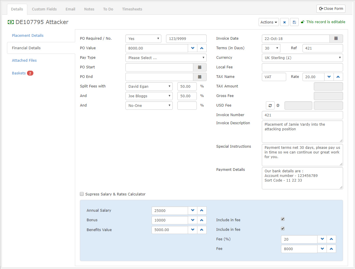 Placment Financial Details Tab