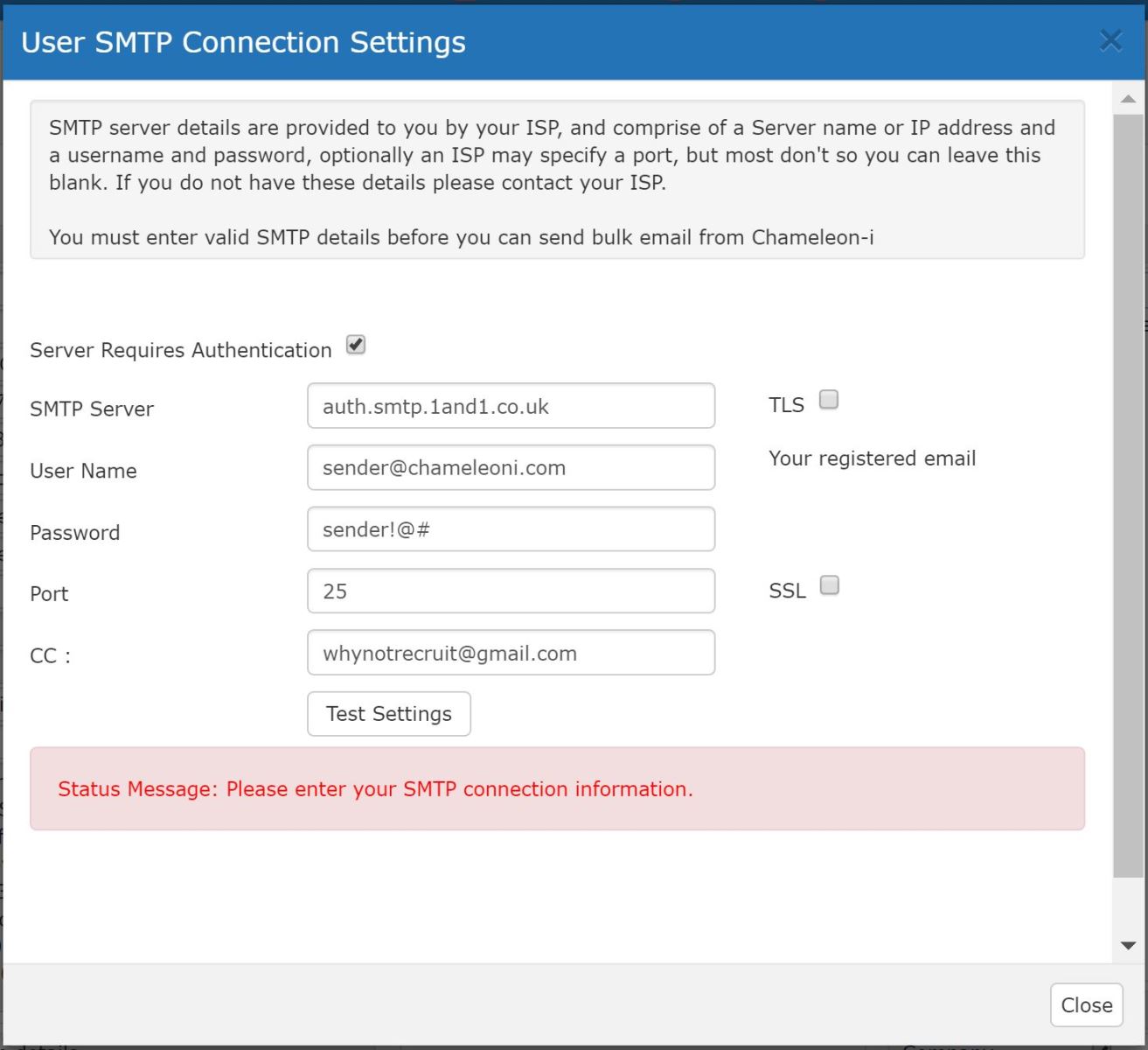 Users SMTP Popup
