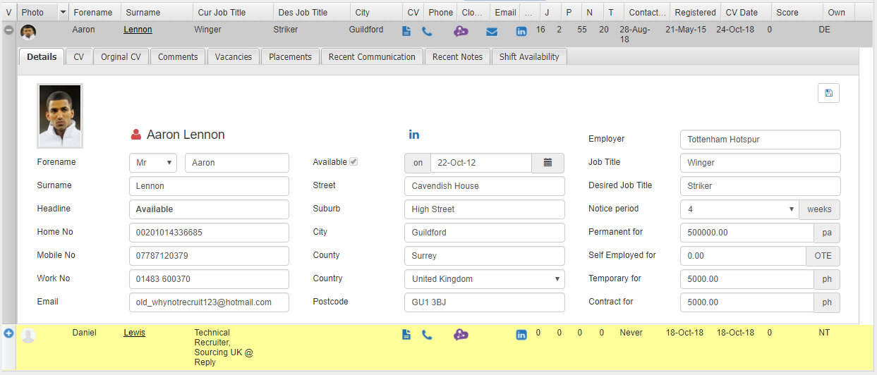 Candidate Grid Expander Details tab